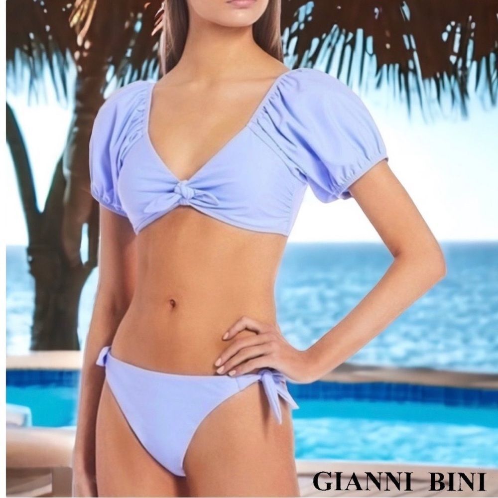Gianni Bini Puffed Sleeves Bralette Bikini Top Tie Sides Bikini Bottom